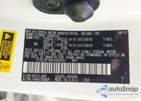 2017 Toyota Highlander Limited Platinum z USA, uszkodzony, nr VIN 5TDDZRFH6HS460930